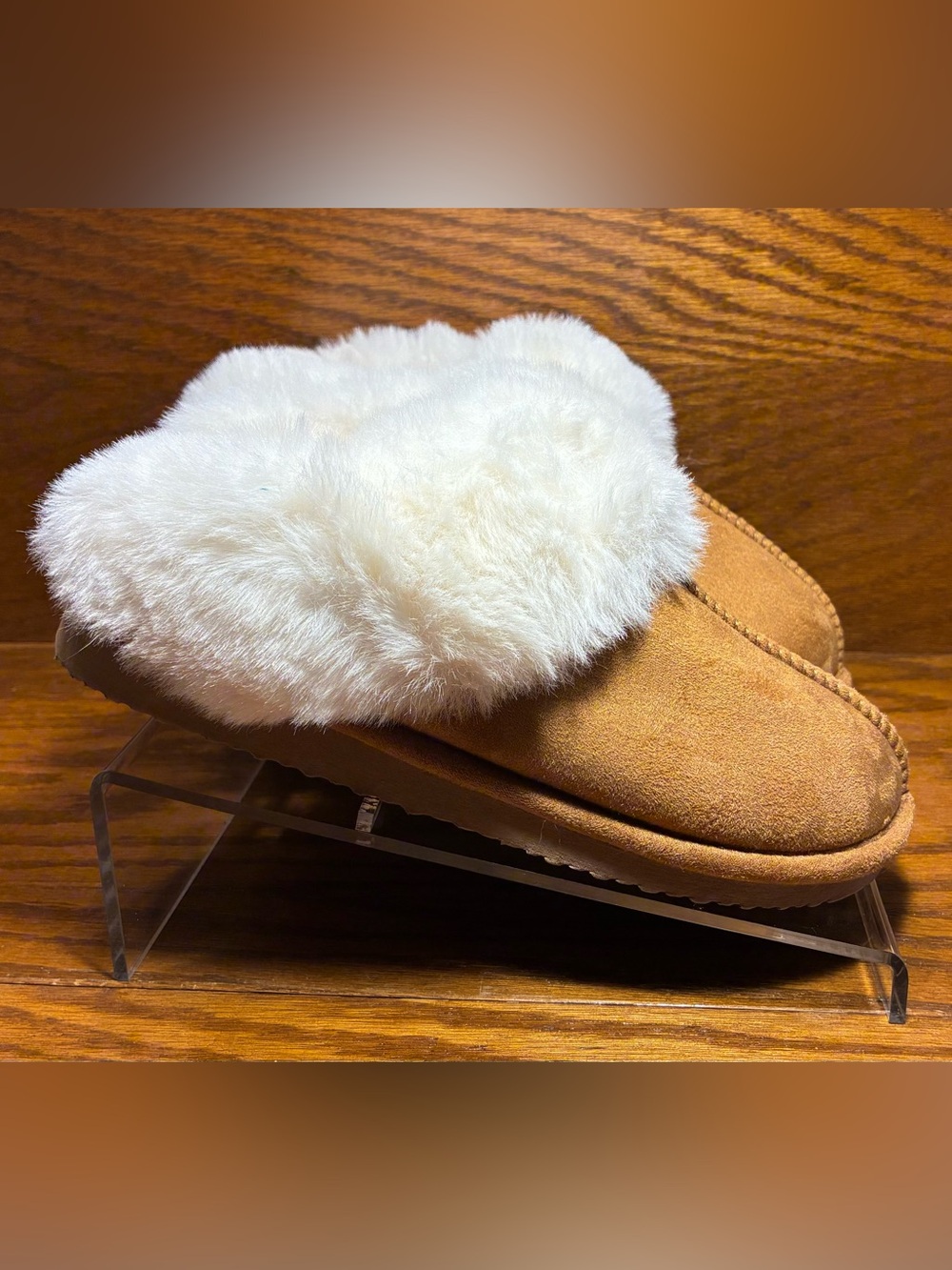 NEW Cozy Faux Fur Lined Slipper Mule in Chestnut & Cream Size 7.5